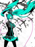  aircraft airplane b-52_stratofortress bomber gloves green_eyes green_hair hatsune_miku highres koi_wa_sensou_(vocaloid) long_hair megaphone military military_vehicle necktie pantyhose skirt solo tayu_(canary-san) twintails very_long_hair vocaloid 