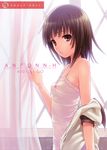  40010prototype bakemonogatari brown_eyes brown_hair chemise cover curtains flat_chest highres monogatari_(series) see-through sengoku_nadeko short_hair solo window 