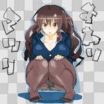  breasts brown_hair cleavage large_breasts matsuri_(teriyaki) original pantyhose plump skirt solo squatting teriyaki thick_thighs thighs upskirt 