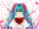  apple aqua_eyes aqua_hair flower food fruit hair_flower hair_ornament hatsune_miku heart highres long_hair petals ribbon sakimori_(hououbds) solo tears twintails vocaloid 