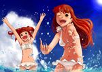  :d arms_up bikini bikini_skirt brown_eyes brown_hair cloud day face foreshortening green_eyes idolmaster idolmaster_(classic) idolmaster_2 long_hair minase_iori multiple_girls navel one_eye_closed open_mouth outdoors outstretched_arm outstretched_arms outstretched_hand pettan_p sky smile splashing swimsuit takatsuki_yayoi twintails wading water 