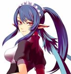  alternate_costume blue_hair breasts elf enmaided eyelashes ichihashi_makoto impossible_clothes impossible_shirt judith large_breasts maid maid_headdress pointy_ears ponytail red_eyes shirt solo tales_of_(series) tales_of_vesperia white_background 