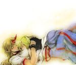  blonde_hair commentary_request couple cuffs horn hoshiguma_yuugi hug jingo_kajiki lying mizuhashi_parsee multiple_girls pointy_ears touhou yuri 