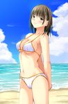  anegasaki_nene arms_behind_back beach bikini blush cloud day love_plus mole mole_under_eye ocean outdoors shizuku_(artist) sky solo swimsuit water 