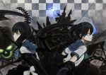  black_hair black_rock_shooter blue_eyes chain dress green_eyes horns kuroi_mato long_hair ribbons seifuku skull takanashi_yomi twintails 