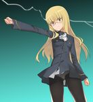  a1 blonde_hair coin electricity glasses long_hair military military_uniform outstretched_arm panties panties_under_pantyhose pantyhose parody perrine_h_clostermann solo strike_witches to_aru_kagaku_no_railgun to_aru_majutsu_no_index underwear uniform world_witches_series yellow_eyes 
