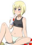  blonde_hair blue_eyes blush drink drinking drinking_straw erica_hartmann food french_fries hot mcdonald's navel panties product_placement short_hair sitting solo spread_legs strike_witches sweat tank_top underwear underwear_only world_witches_series youkan 