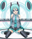  aqua_eyes aqua_hair arms_behind_back colorized detached_sleeves eto hatsune_miku headphones headset kneeling long_hair looking_at_viewer necktie skirt smile solo thighhighs twintails very_long_hair vocaloid zettai_ryouiki 