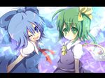  bad_id bad_pixiv_id blue_eyes blue_hair bow cirno daiyousei green_eyes green_hair hair_bow multiple_girls one_eye_closed open_mouth rarami side_ponytail touhou wings 