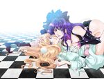  ass blonde_hair blue_eyes breasts bunny_tail checkered checkered_floor cleavage dual_persona large_breasts long_hair macross macross_frontier macross_frontier:_itsuwari_no_utahime perspective purple_hair sheryl_nome tail tajima_minato 