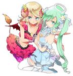  angel angel_and_devil angel_wings arm_garter bad_id bad_pixiv_id bare_shoulders bat_wings blonde_hair blue_eyes bow breasts cleavage crop_top demon_girl demon_wings dress frills gloves gradient_hair green_eyes green_hair hair_bow halo hands hatsune_miku high_heels holding_hands horns kagamine_rin kneeling legs long_hair macco medium_breasts midriff multicolored_hair multiple_girls navel one_eye_closed orange_hair shoes short_hair sitting skirt smile star striped striped_legwear tail thighhighs tsumaka twintails very_long_hair vocaloid wings zettai_ryouiki 