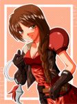  1girl arc_the_lad arc_the_lad_twilight_of_the_spirits armor blush breasts brown_eyes brown_hair cleavage female gloves long_hair mole paulette_(arc_the_lad) shoulder_pads solo takeuchi_(pixiv48797) 