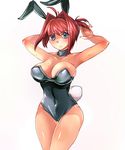  animal_ears armpits bare_legs blue_eyes breasts bunny_ears bunny_tail bunnysuit huge_breasts original red_hair short_hair solo suoni_(deeperocean) sweat tail 