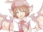  animal_ears bad_id bad_pixiv_id blush brown_hair closed_eyes earrings happy hat jewelry mystia_lorelei open_mouth short_hair smile solo sou_(tuhut) touhou wings 