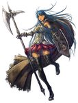  armor bad_id bad_pixiv_id blue_eyes blue_hair boots cape detached_sleeves docoi fantasy gauntlets green_eyes halberd long_hair original polearm shield simple_background skirt solo thigh_boots thighhighs weapon 