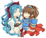  :d arle_nadja armor bad_id bad_pixiv_id bandeau blue_eyes blue_hair bracelet breasts bridal_gauntlets brown_hair choker cleavage cloak crop_top hair_intakes hair_ribbon hairband holding_hands jewelry long_hair madou_monogatari medium_breasts mitsutoki multiple_girls necklace open_mouth pendant ponytail puyopuyo ribbon rulue_(puyopuyo) short_hair simple_background smile very_long_hair yellow_eyes 