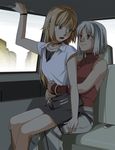  428 bare_shoulders blonde_hair blush bracelet brown_eyes canaan canaan_(character) car car_interior choker ground_vehicle holding hug hug_from_behind jewelry mori_(unknown.) motor_vehicle multiple_girls necklace oosawa_maria red_eyes sitting sitting_on_lap sitting_on_person sleeveless smile sweatdrop waist_hug white_hair yuri 