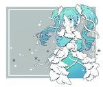  aqua_eyes aqua_hair blue_hair covering_mouth dress drill_hair gradient_hair hair_ribbon hatsune_miku jpeg_artifacts long_hair mai_(woood) mittens multicolored_hair partially_colored ribbon snow solo twintails vocaloid 