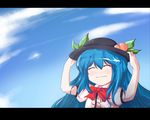  :3 ^_^ bad_id bad_pixiv_id beegle blue_hair closed_eyes cloud day hands_on_headwear happy hat hinanawi_tenshi letterboxed long_hair sky smile solo touhou upper_body 