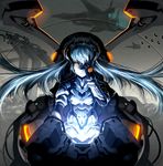  armor blue_hair cockpit copyright_request glowing glowing_eyes hand_on_own_face horns long_hair orange_eyes solo twintails won_(toufunokado) 