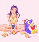  alcohol barefoot beer bird blush breasts can cleavage denim denim_shorts food hands_on_feet hat katsuragi_misato kotatsu-spirit long_hair medium_breasts navel neon_genesis_evangelion paw_print penguin purple_eyes purple_hair santa_hat shorts simple_background sitting smile solo v_arms 