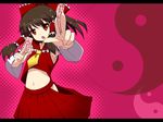  :o akino_sora armpits between_fingers bow brown_hair detached_sleeves foreshortening hair_bow hakama hakurei_reimu hands highres japanese_clothes letterboxed long_hair midriff navel ofuda red_eyes red_hakama solo touhou wallpaper yin_yang 