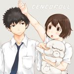  1girl anger_vein bad_id bad_pixiv_id blush brown_eyes brown_hair bullying cenco cencoroll cheek_poking hand_on_another's_head hitting minimized monster pinching poking short_hair takagi_hideaki tears tetsu_(cencoroll) yuki_(cencoroll) 