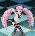  drill_hair esmerelda lowres pink_hair saint_october solo striped striped_legwear thighhighs 