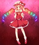 akai_(akanan) bad_id bad_pixiv_id blood crazy_eyes crystal flandre_scarlet highres mary_janes rainbow_order red red_background red_eyes red_skirt ribbon shoes skirt smile solo touhou wings 