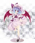  bad_id bad_pixiv_id bat_wings blue_hair bobby_socks checkered checkered_background choker full_body gradient_hair hands hat highres lavender_hair mary_janes multicolored_hair red_eyes remilia_scarlet shoes short_hair smile socks solo standing standing_on_one_leg tahya touhou tsurime wings wrist_cuffs 