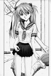  greyscale highres izurumi kneeling long_hair monochrome neon_genesis_evangelion school_uniform solo souryuu_asuka_langley 