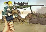  backpack bag bipod blonde_hair bolt_action bulletproof_vest casing_ejection g-e-n green_eyes gun highres iris_(material_sniper) material_sniper pov rifle scope shell_casing smile sniper_rifle thumbs_up weapon 