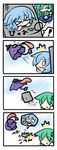  &gt;_&lt; /\/\/\ 3girls 4koma @_@ chibi closed_eyes comic karakasa_obake kochiya_sanae multiple_girls nurikabe_(character) o_o silent_comic tatara_kogasa tears tongue touhou tripping umbrella yanagi_(nurikoboshi) 