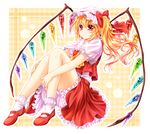  bad_id bad_pixiv_id blonde_hair bloomers flandre_scarlet hat rainbow_order red_eyes red_skirt short_hair side_ponytail sitting skirt solo touhou underwear wings yellow_background yuuna_minato 