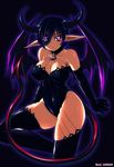  bad_id bad_pixiv_id blue_hair breasts cleavage curvy demon_girl elbow_gloves eyepatch genshi gloves horns large_breasts original pointy_ears red_eyes short_hair solo tail thighhighs wings 