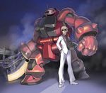  axe bad_id bad_pixiv_id char_aznable formal gundam hands_in_pockets male_focus mecha mobile_suit_gundam night parody sano_toshihide smoke solo suit sunglasses tetsujin_28-gou weapon zaku zaku_ii zaku_ii_s_char_custom 