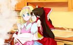  alice_margatroid apron bad_id bad_pixiv_id blonde_hair blue_eyes blush brown_hair cooking couple eye_contact hakurei_reimu hug hug_from_behind imai_km kitchen looking_at_another multiple_girls touhou yuri 