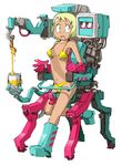  bandaid bikini blonde_hair dark_skin gloves mecha mizuno_shinya oekaki_musume original paint paint_can paintbrush short_hair solo swimsuit trim_brush vehicle 