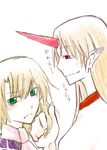  blonde_hair blush embarrassed gai_(chicken) green_eyes hands horn hoshiguma_yuugi long_hair mizuhashi_parsee multiple_girls pointy_ears red_eyes short_hair smile touching touhou translation_request yuri 