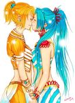  arabian_clothes blue_hair breast_press breasts closed_eyes earrings holding_hands imminent_kiss jewelry long_hair medium_breasts midriff multiple_girls nami_(one_piece) nefertari_vivi one_piece orange_hair rocktuete simple_background standing symmetrical_docking white_background yuri 