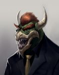  bowser commentary eyebrows formal horns horror_(theme) male_focus mario_(series) necktie realistic red_hair robotpencil solo suit super_mario_bros. 