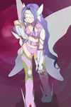  bad_id bad_pixiv_id blindfold butterfly_wings digimon digimon_frontier fairymon gauntlets gloves hand_on_hip hand_on_own_knee headgear highres kagematsuri long_hair midriff panties purple_hair solo thighhighs underwear wings 