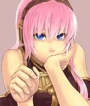  armband bad_id bad_pixiv_id bare_shoulders blue_eyes bored breasts cheek_press chin_rest eyelashes fingernails hand_on_own_cheek hands headdress headphones headset holding long_hair looking_at_viewer megurine_luka pink_hair pink_lips simple_background sleeveless solo upper_body vocaloid yuuji_(and) 
