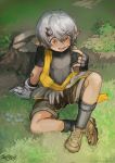  1boy arknights artist_logo bandaid bandaid_on_arm bandaid_on_cheek bandaid_on_face brown_footwear buchi0122 bug chestnut_(arknights) commentary_request fingerless_gloves gloves grey_hair grey_socks highres ladybug ladybug_on_finger looking_at_animal male_focus on_grass open_mouth orange_eyes pointy_ears scarf sitting smile socks tree_stump yellow_scarf 