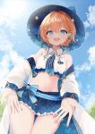  1girl bare_shoulders blue_eyes blue_ribbon blue_skirt blue_sky blush breasts cape commission crescent crescent_pin detached_sleeves hat highres indie_virtual_youtuber kurage_cc looking_at_viewer medium_breasts navel orange_hair outdoors ribbon shirt short_hair skeb_commission skirt sky smile solo space_print star_(symbol) starry_sky_print thighs virtual_youtuber white_shirt witch_hat 