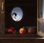  1girl black_hair branch cupboard food fruit highres leaf oil_painting_(medium) original painting_(medium) pomegranate realistic reflection shadow solo stick traditional_media uno_kazuhiro wooden_floor wooden_wall 