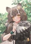  1girl :o absurdres animal_ears animal_on_shoulder arknights black_capelet blush brown_hair bush capelet chipmunk commentary dress fur-trimmed_hood fur_trim hand_up highres honeyberry_(arknights) hood id_card infection_monitor_(arknights) long_hair looking_to_the_side mochizuki_inochi multicolored_hair outdoors ponytail pouch sky solo squirrel streaked_hair white_dress white_hair yellow_eyes yellow_sky 