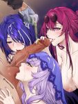  1boy 3girls absurdres acheron_(honkai:_star_rail) black_swan_(honkai:_star_rail) blue_hair breasts cooperative_fellatio cum cum_in_mouth cum_on_body cum_on_breasts cum_on_hair cum_on_tongue cup drinking_glass english_commentary erection eyewear_on_head facial fellatio gloves group_sex hair_over_one_eye hetero highres holding holding_cup honkai:_star_rail honkai_(series) kafka_(honkai:_star_rail) kawanmushi large_breasts licking licking_penis licking_testicle long_hair multiple_girls nipples oral penis pouring_onto_penis purple_hair purple_nails purple_veil red_hair testicles tongue tongue_out uncensored veil veins veiny_penis white_gloves 