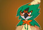 ambiguous_gender animated anthro artist_name avian beak bird blinking brown_body brown_feathers clothing clothing_pull covering covering_self decidueye feather_hands feathers generation_7_pokemon glivskindel7 green_clothing half-closed_eyes headgear headwear hiding_face hood hoodie leaf_clothing markings narrowed_eyes nintendo orange_background orange_markings owl pokemon pokemon_(species) pupils reaction_image red_eyes red_pupils shaded short_playtime simple_background solo topwear