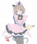  1girl animal_ears antenna_hair arms_behind_back bell black_dress black_pantyhose brown_hair cardcaptor_sakura cat_ears cat_tail dress fake_animal_ears fake_tail frilled_dress frills fuuin_no_tsue green_eyes highres holding holding_wand jingle_bell kero_(cardcaptor_sakura) kinomoto_sakura looking_at_viewer magical_girl mint_chocoooo open_mouth pantyhose pinafore_dress pink_dress shirt short_hair simple_background sleeveless sleeveless_dress standing tail wand white_background 